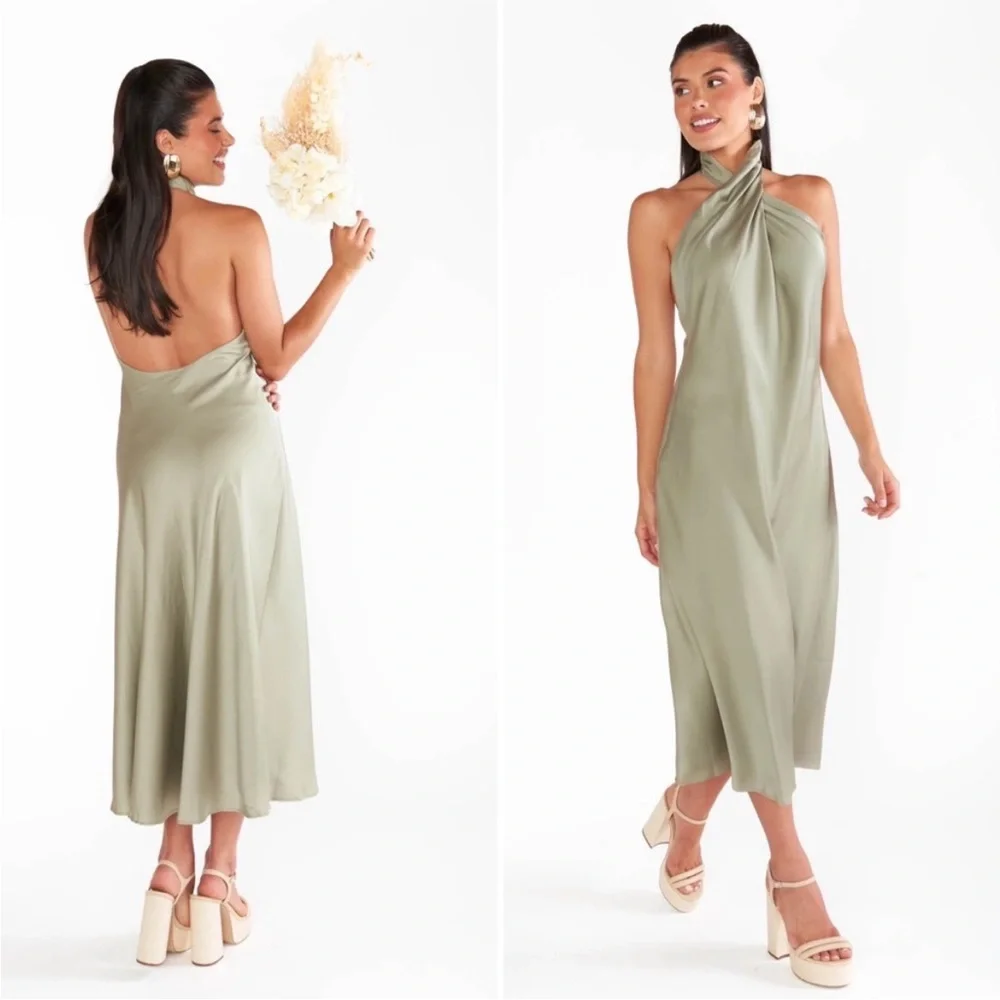 Show Me Your MuMu Jasmine Halter Midi Dress Moss Green Luxe Satin S - Picture 1 of 14